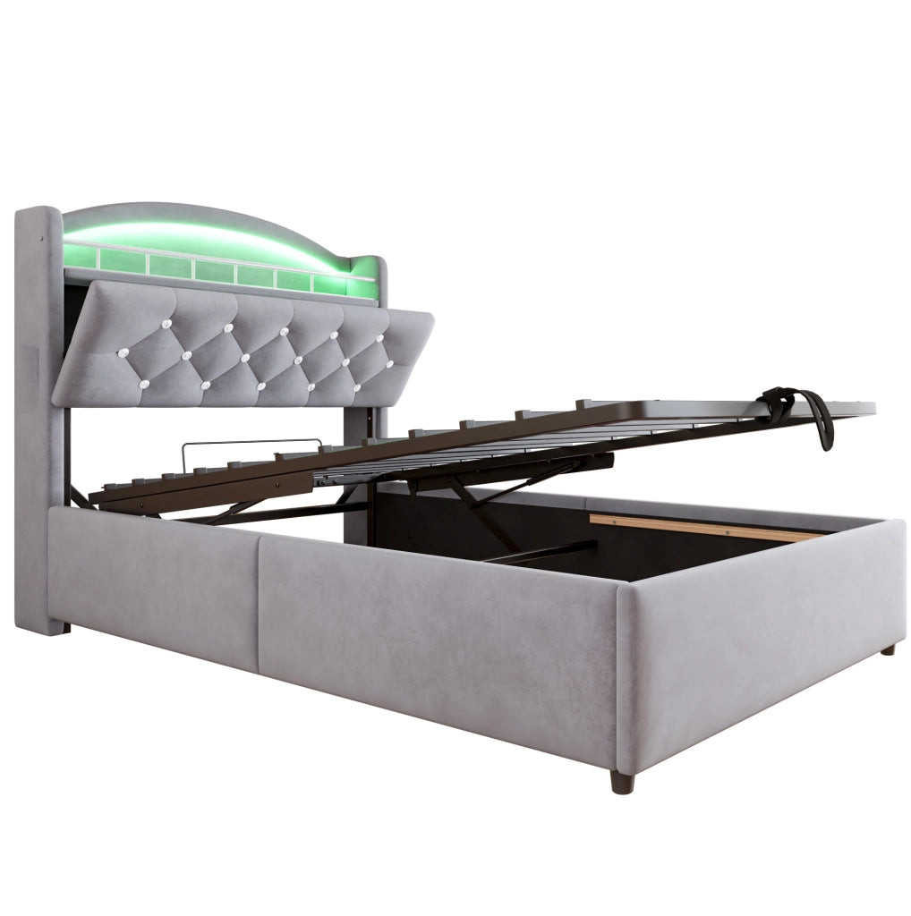 Letto Singolo Imbottito per Bambini 90x200 cm con Contenitore, LED e USB, Grigio