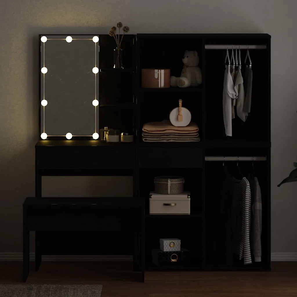 Set da tavolo da trucco con LED con cassetto 4 pcs Rovere Nero 3333068