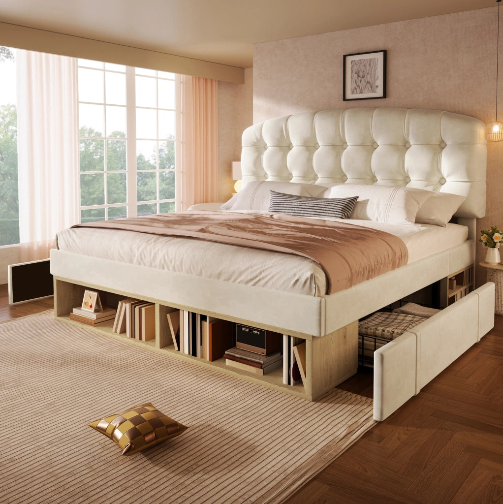 Letto matrimoniale imbottito 140x200 cm in velluto beige con testiera regolabile e cassetti