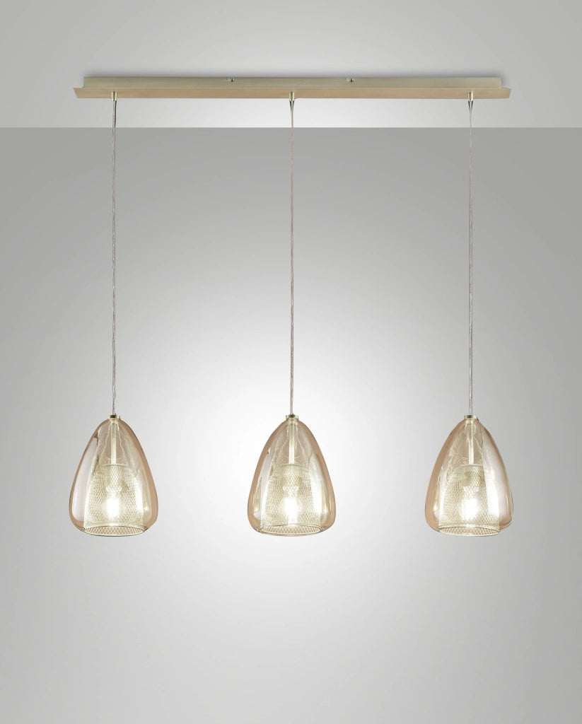 Britton Lampada a Sospensione in Metallo e Vetro Borosilicato Colore Ambra, Attacco E27 3x40W, Design Moderno ed Elegante per Interni IP20