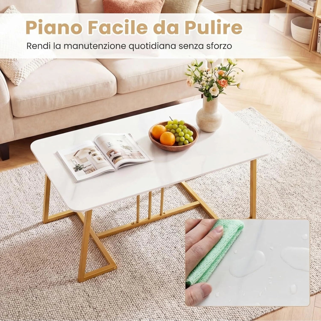 Tavolino da Caffè Rettangolare, Tavolino da Salotto Moderno con Ampio Piano in Effetto di Marmo e Gambe in Metallo Dorato, Perfetto per Soggiorno, Ufficio e Studio, 90 x 50 x 41,5 cm