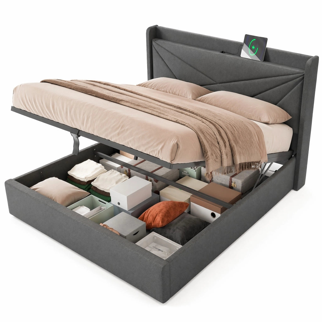 Letto matrimoniale imbottito 140x200 cm grigio con contenitore; USB e Type-C; struttura in metallo e cotone lino