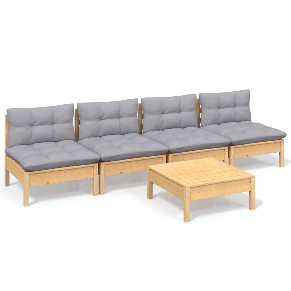 Set Divani da Giardino 5 pz con Cuscini Grigi Massello di Pino 3096129