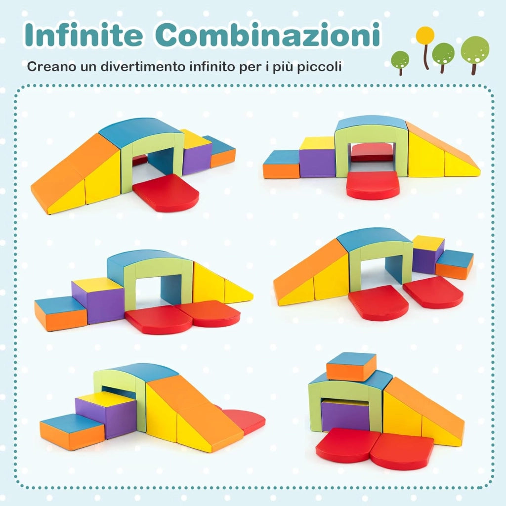 6 Blocchi di Schiuma per Arrampicata, Gioco Morbido per Bambini, Set di Costruzioni Colorate per Arrampicarsi e Strisciare con Tunnel, Scale e Rampetta per Bambini 12 Mesi + (Colorato)