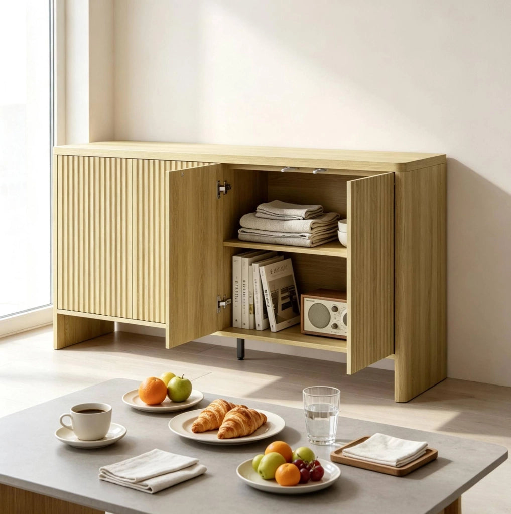 Sideboard in rovere con ante push-to-open, 147x40x77 cm, design contemporaneo