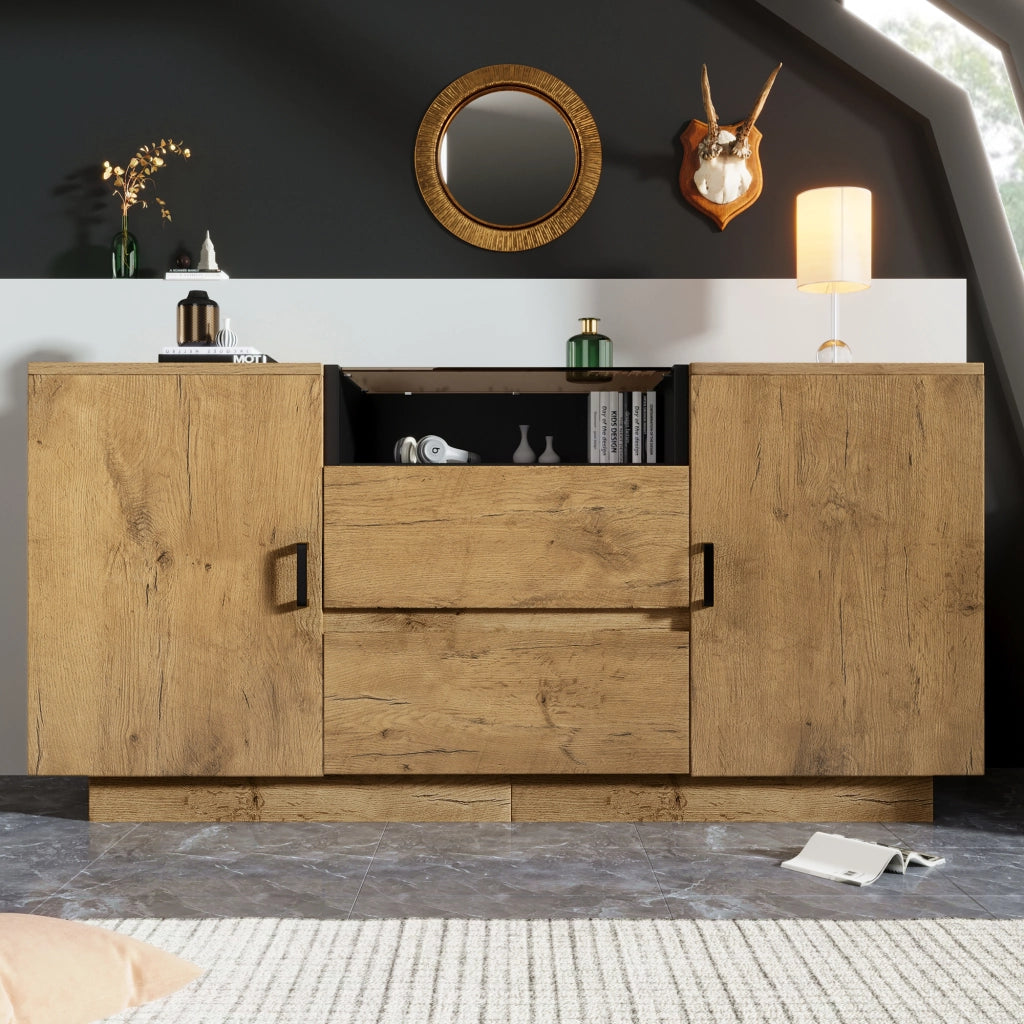 Credenza in finitura rovere con 2 cassetti, 2 ante e vano aperto, H70 L140 P40 cm