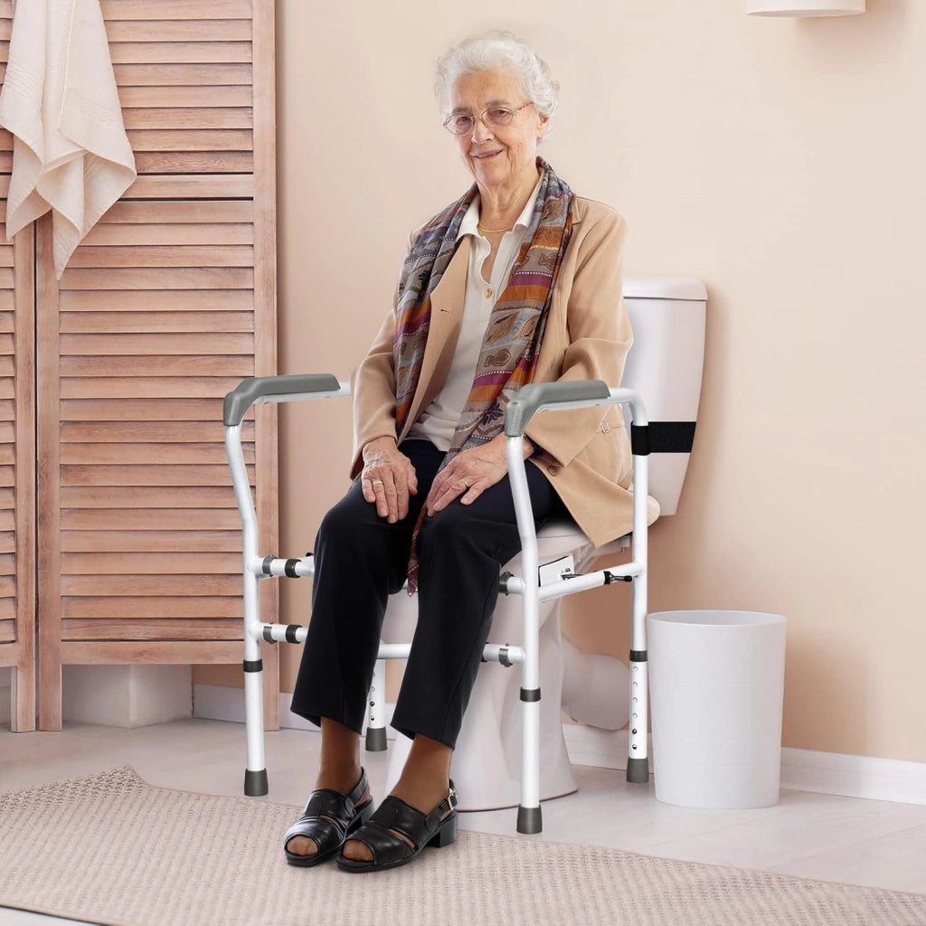 Supporto per WC, Supporto per WC con Altezza e Larghezza Regolabili e Dispositivi di Fissaggio Girevoli a 360°, Supporto per Bagno per Anziani Disabili