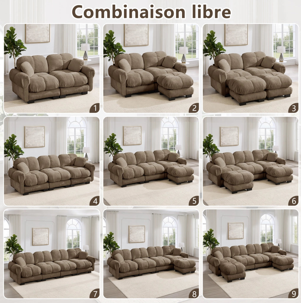 Divano modulare 3 posti ULEVR 260x86x90 cm in ciniglia marrone con cuscini spessi e 2 cuscini decorativi