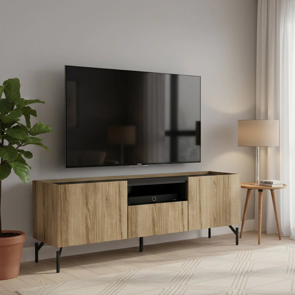 Mobile porta TV Duchi, Credenza da soggiorno, Armadio basso per TV, Base parete attrezzata, 147x41 h54 cm, Quercia e Nero