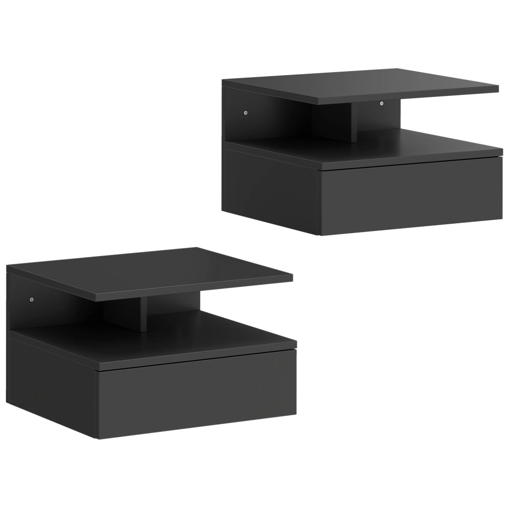 Set di 2 Comodini Sospesi 35x32x22,5 cm con Cassetto e Mensola Aperta Rivestimento in Melamina Nero