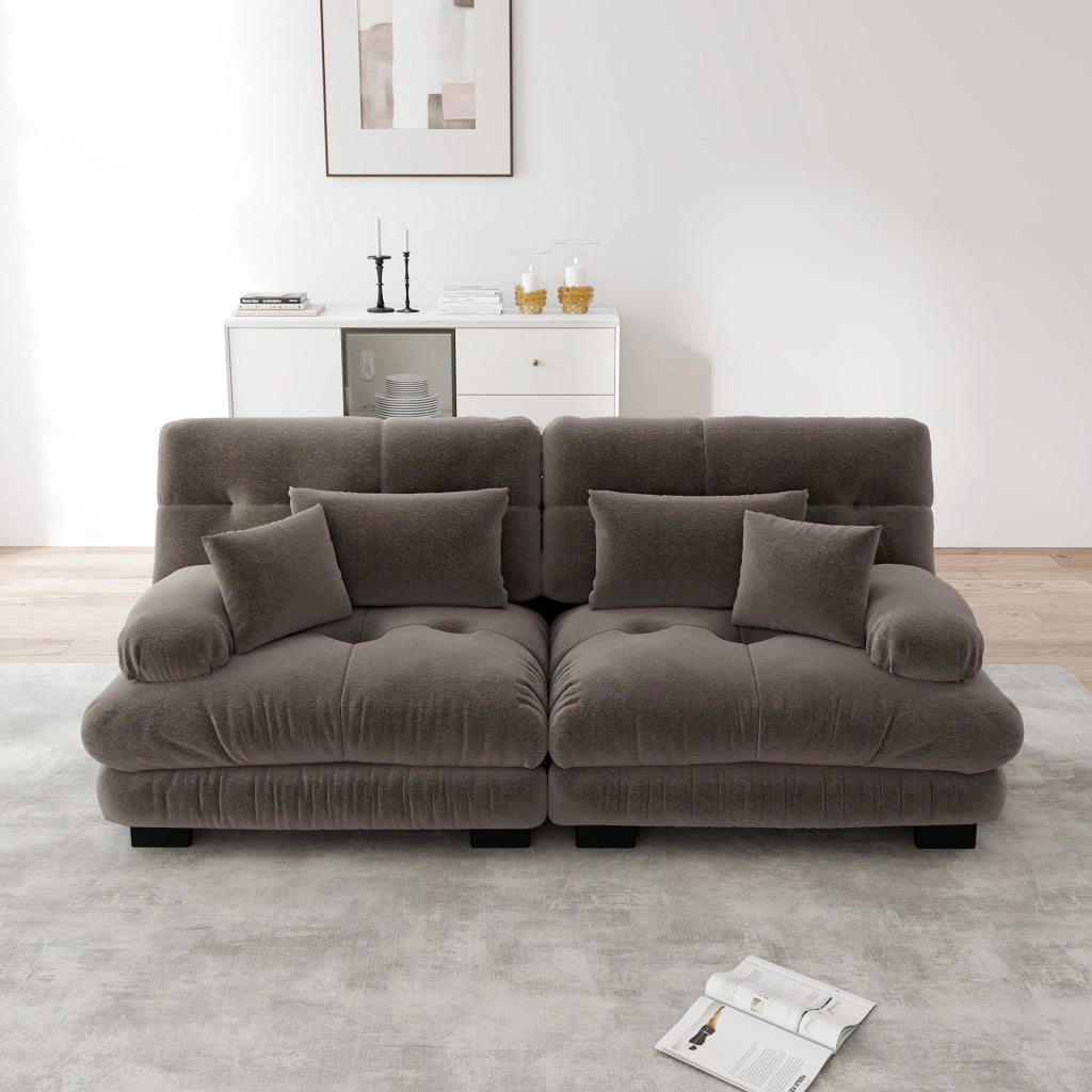 Divano angolare modulare in chenille con design cloud e cuscini lombari e decorativi marrone 220 × 77 × 81 cm