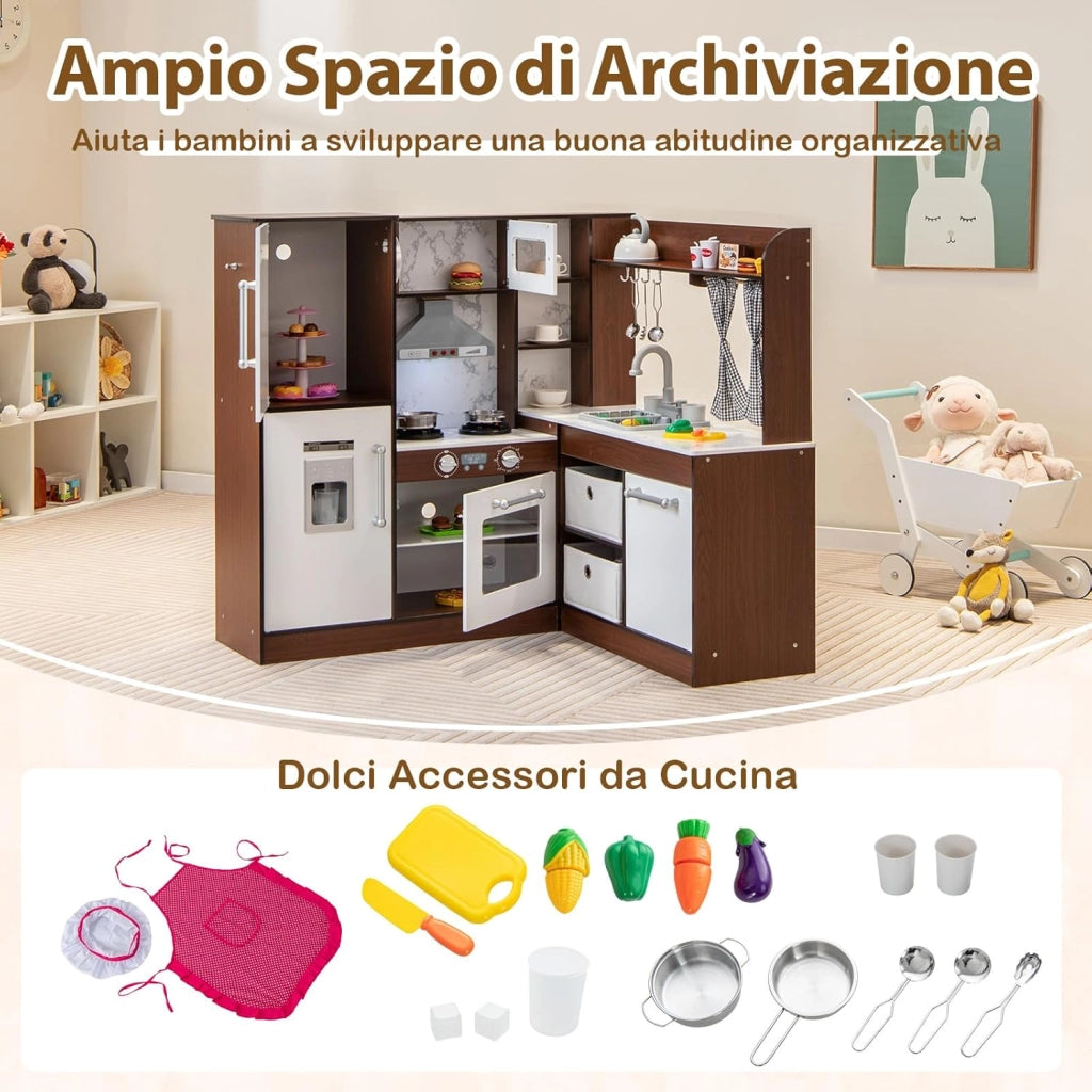Set da Cucina Giocattolo in Legno, Cucina Giocattolo per Bambini con Accessori, Piano di Cottura con Luci e Suoni, Cucina Giocattolo per Divertimento ed Educazione, Età 3+ anni