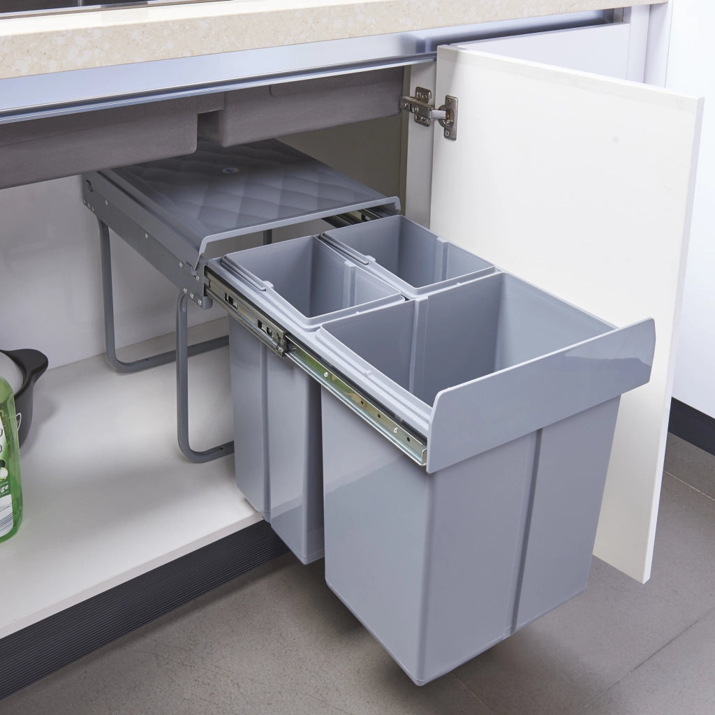 Pattumiera Estraibile Froland con 3 Bidoni Sotto Lavello 2x 10 L + 1x 20 L Grigio [en.casa]