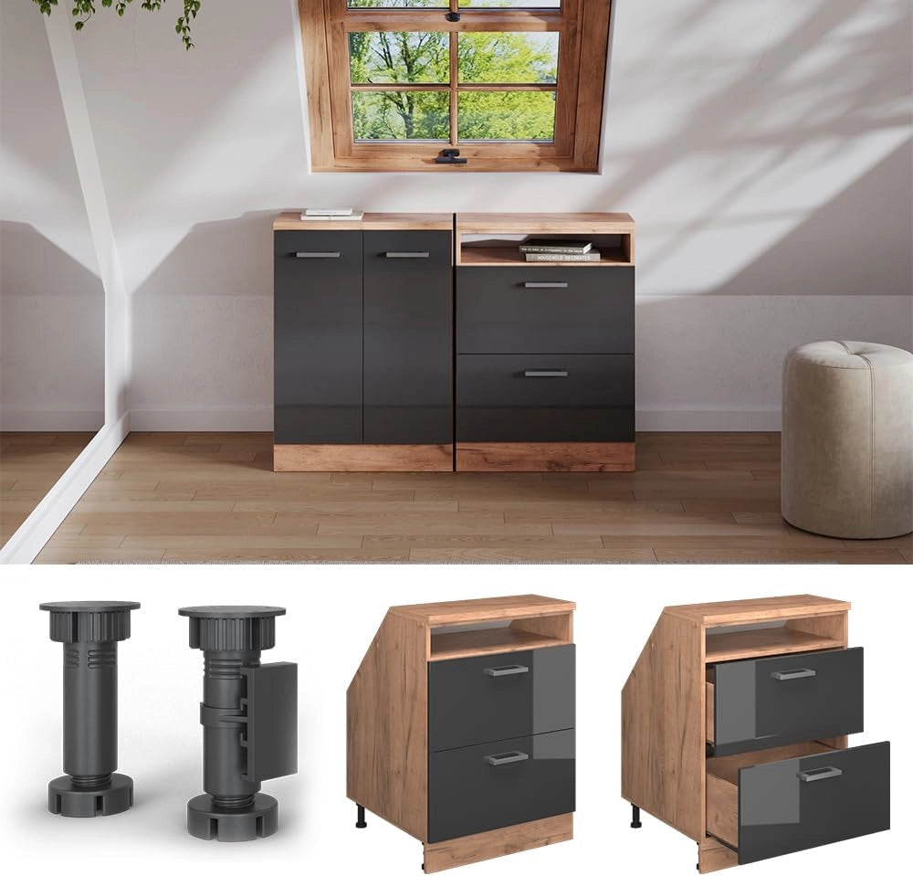 Mobile sottotetto Rion, Antracite lucido, 60 x 81.6 cm con 2 cassetti, carcassa 60 cm profondità, adatto per il salvaspazio sotto tetti spioventi