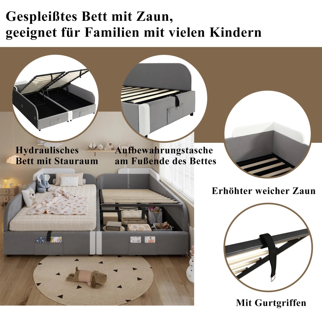 DESMIU Letto combinato 90 × 200 cm 2 posti con contenitore idraulico e tasca, senza materasso, velluto grigio