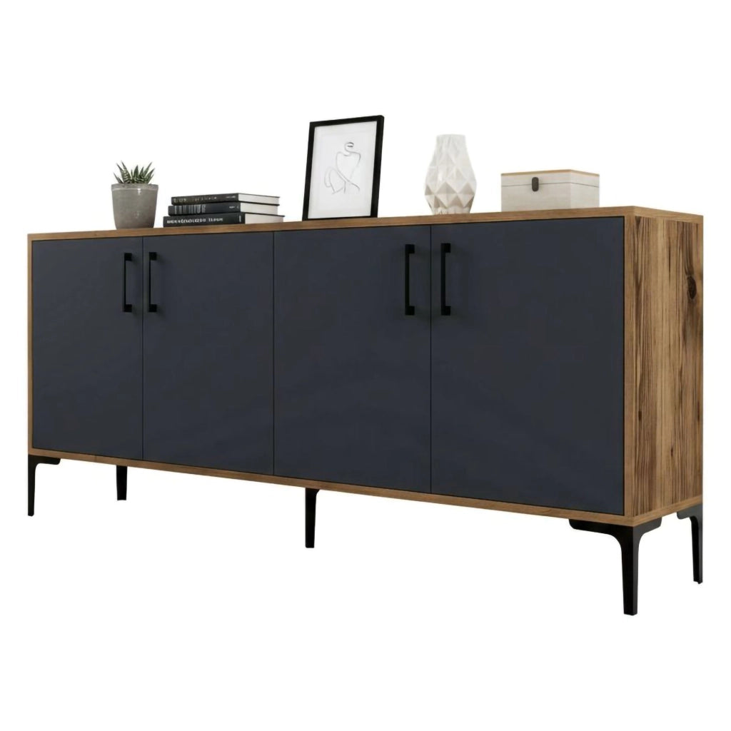 Credenza Agape, Buffet da soggiorno, Madia da salotto, Dispensa da cucina, 180x35h78 cm, Noce e Antracite