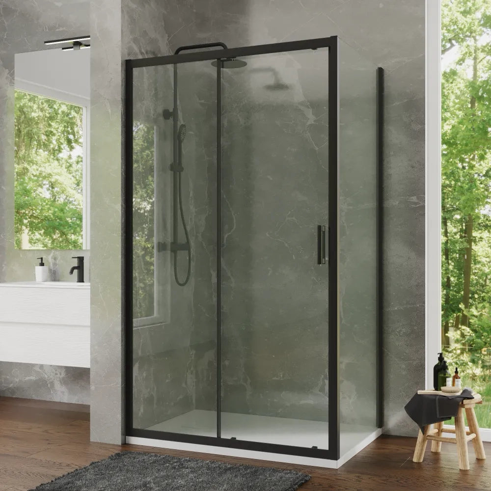 Box doccia 70x125 cm scorrevole profili nero opaco vetro temperato 6mm trasparente anticalcare h198 | Tahiti