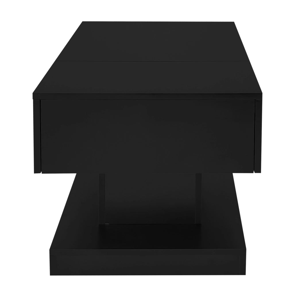 Tavolino da salotto nero lucido con piano sollevabile, scorrevole, luce integrata e vani
