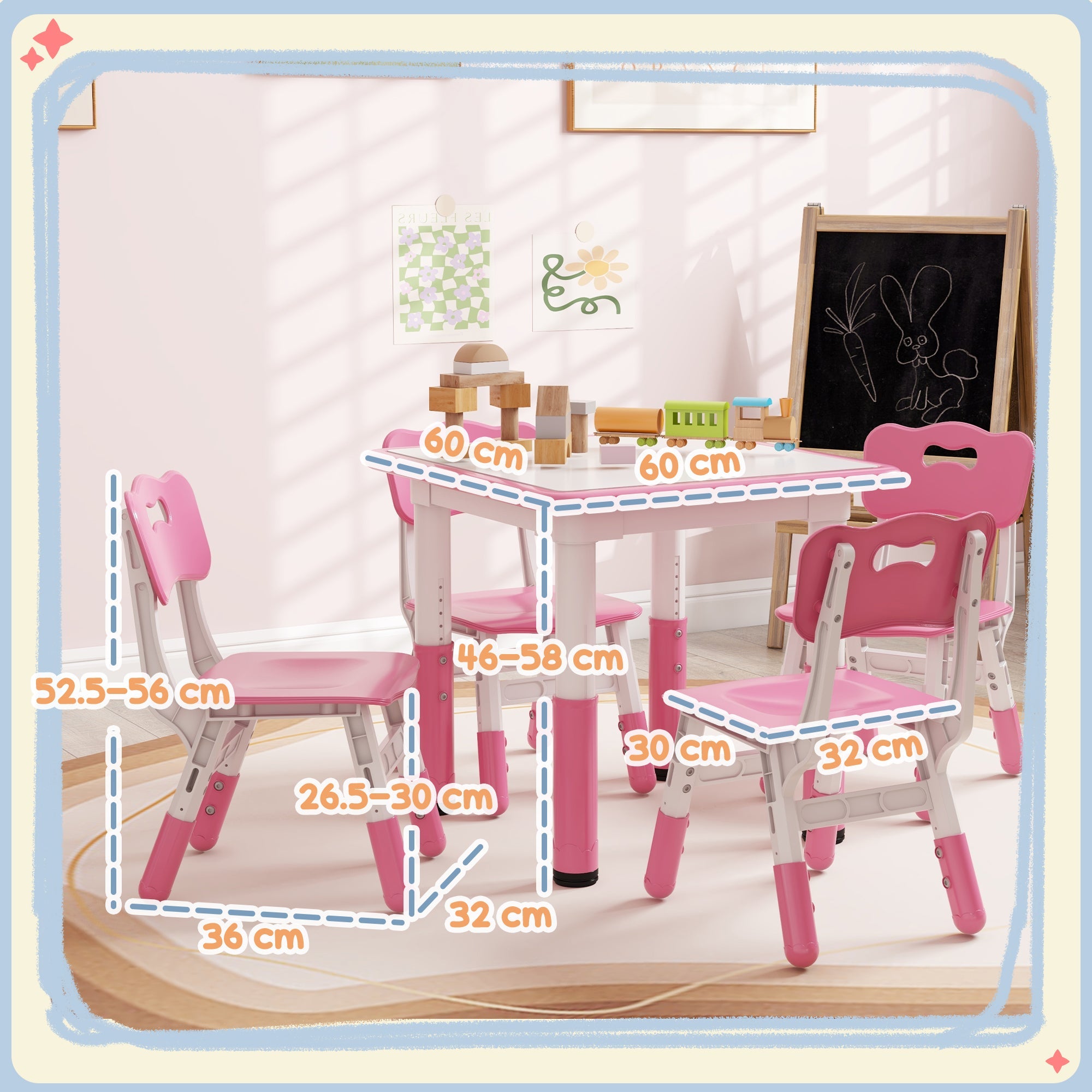 Set Tavolo con 4 Sedie per Bambini Altezza Regolabile Rosa