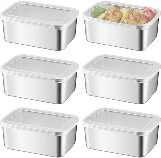 Set di 6 contenitori alimentari in acciaio inossidabile con coperchi, contenitori da 650 ml in acciaio inossidabile per pasti, contenitori di stoccaggio, scatole da pasti sovrapposte per forno e congelatore