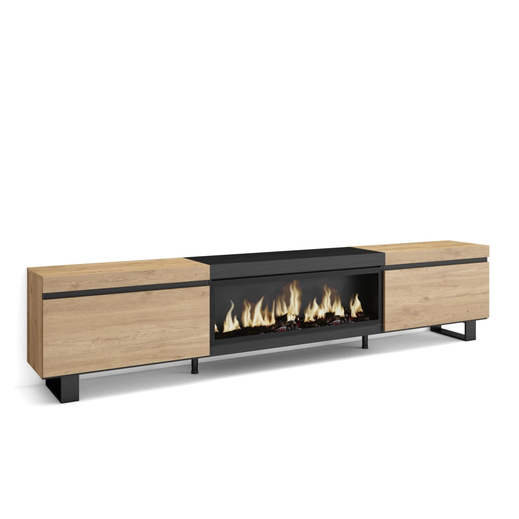Mobile TV Soggiorno, 267x35x57cm, TV di grande formato, Camino elettrico XXL, Design industriale, colore Rovere e nero RF3603