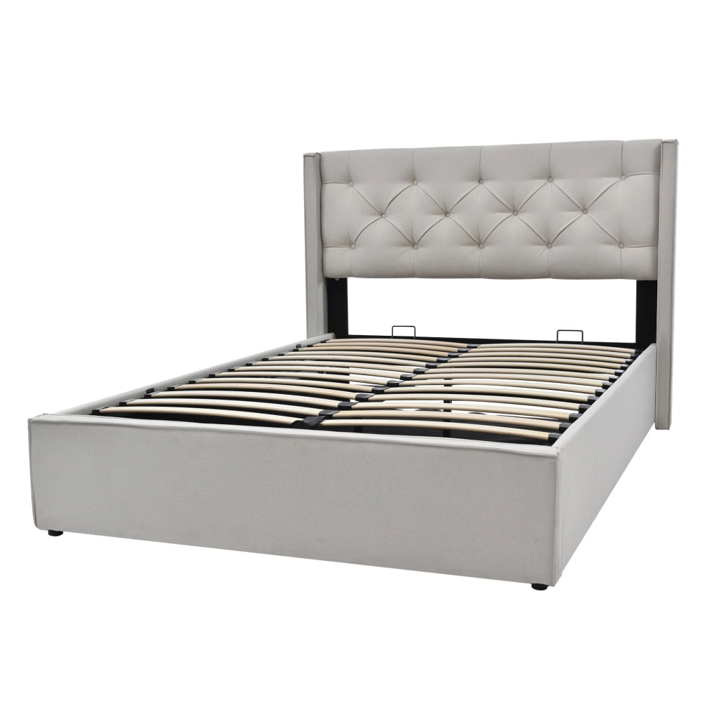 Letto imbottito ULEVR 160x200 cm con contenitore e rete sollevabile, cotone grigio chiaro