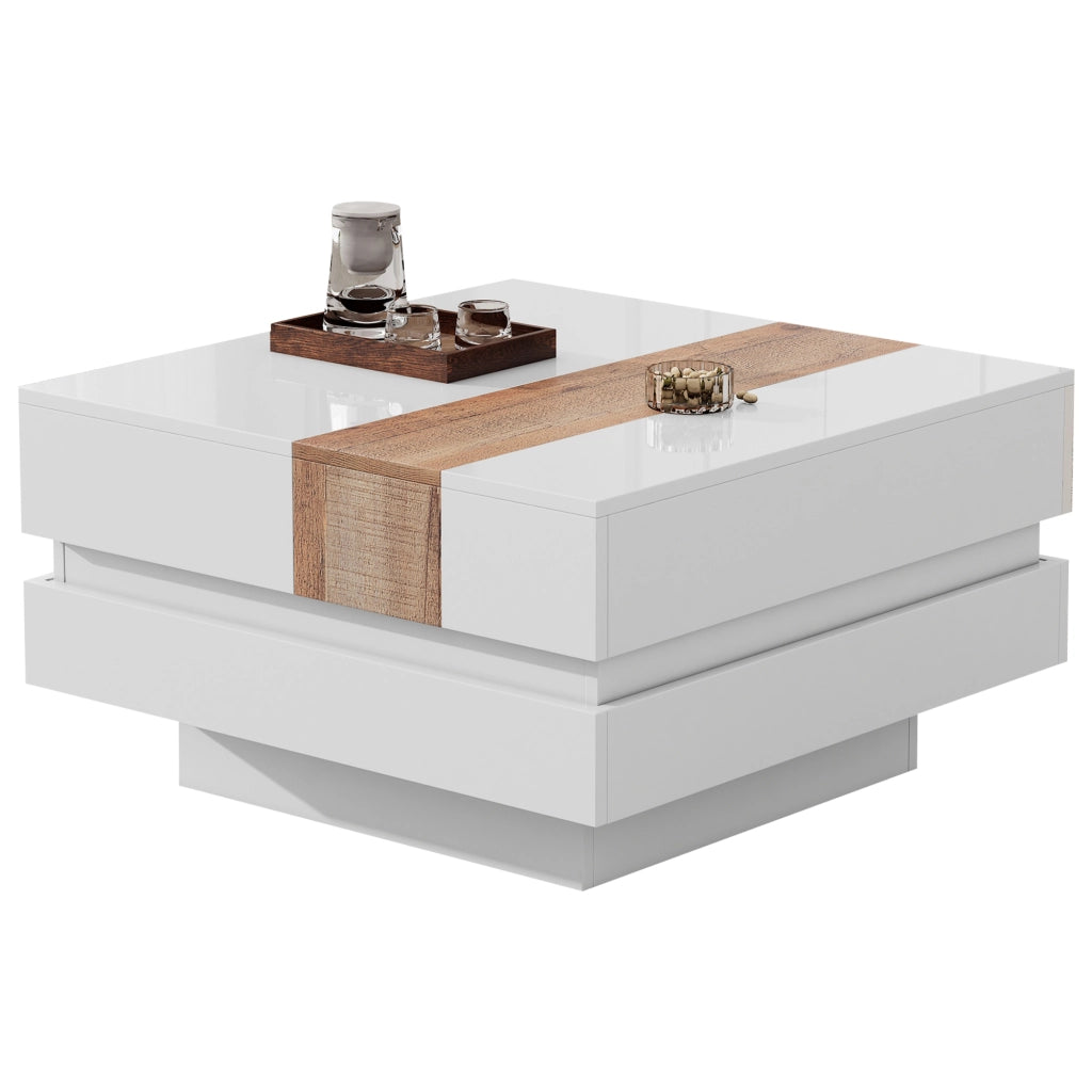 Tavolino Da Salotto Quadrato con Piano Scorrevole; Vano Contenitore Nascosto a 2 Scomparti; Bianco Lucido; in Pannello Truciolare; 70×70×39 cm