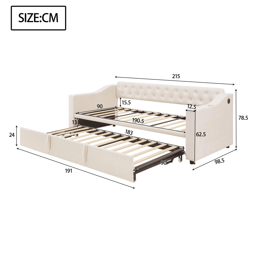Letto estraibile singolo 90×190 cm con USB; vani portaoggetti e rete; senza materasso; beige