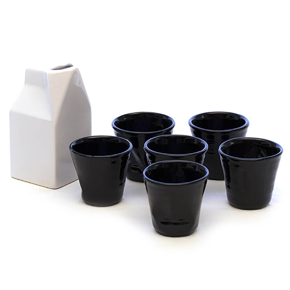 Set 6 Tazzine da caffè Accartocciati Neri con Lattiera Bianca in Gres Kaleidos