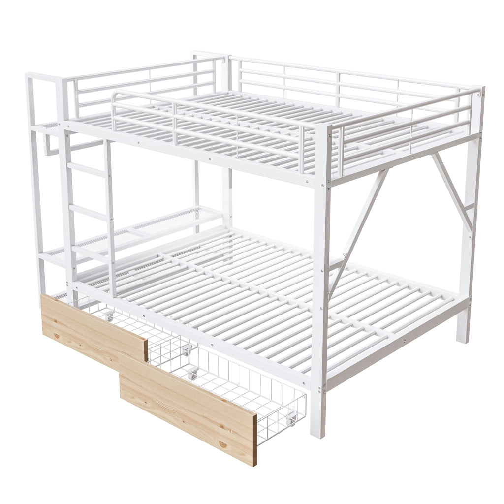 Letto a castello 140×200 cm; 2 cassetti; ripiani; barra stendibiancheria e LED; senza materasso; metallo bianco