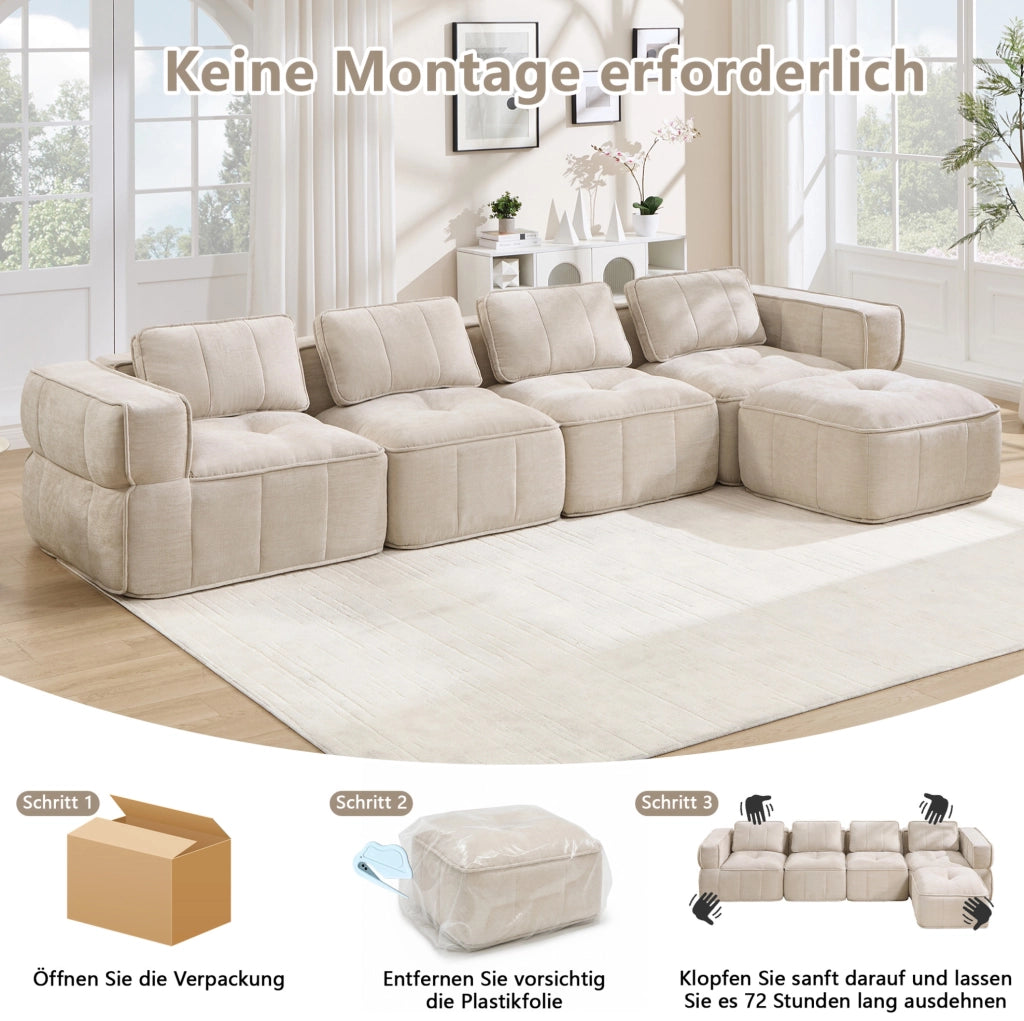 Divano modulare senza struttura in poliestere beige; 344 x 162 x 67 cm