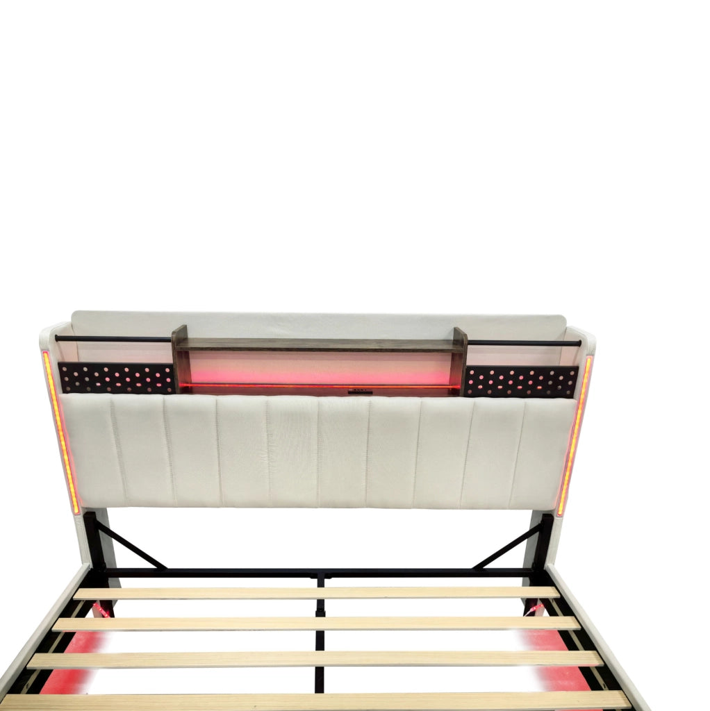 Letto matrimoniale imbottito 140x200 cm con LED; USB e contenitore; beige