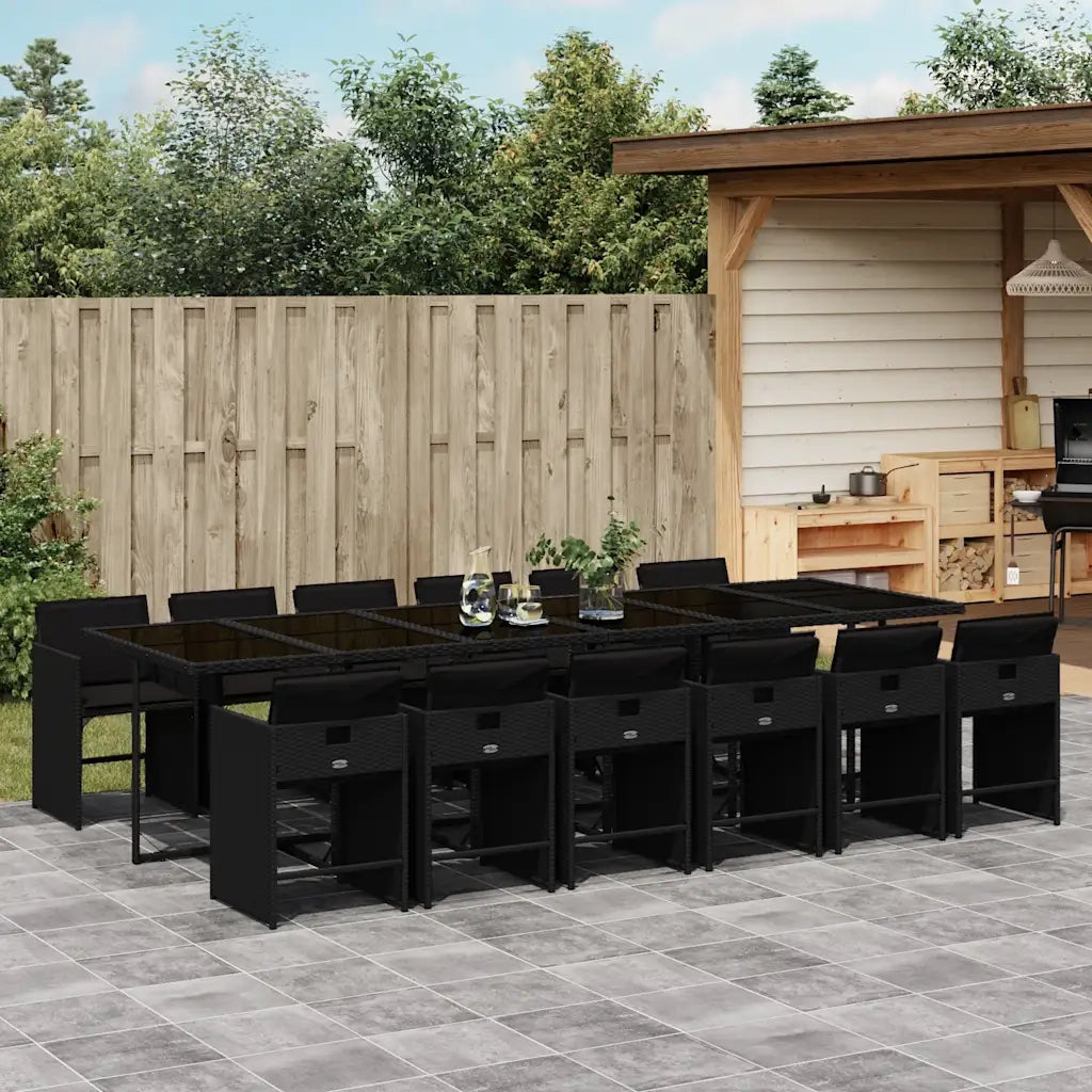 Set da Pranzo da Giardino 13pz con Cuscini Nero in Polyrattan