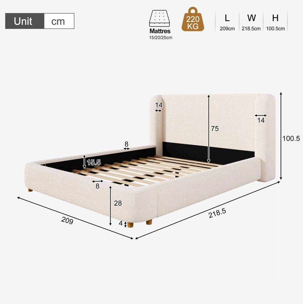 Letto imbottito beige in bouclé con rete a doghe