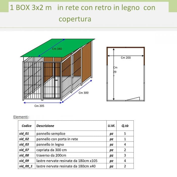 Recinto per cani 2x3 metri box modulare con copertura e retro in legno