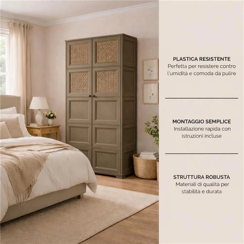 ARMADIO 5 MODULI WENGÉ 79X43X203 CM CON 6 ANTE CHIUSE E 4 TRAFORATE – CONTENITORE VERTICALE SALVASPAZIO PER INGRESSO E AMBIENTI COPERTI