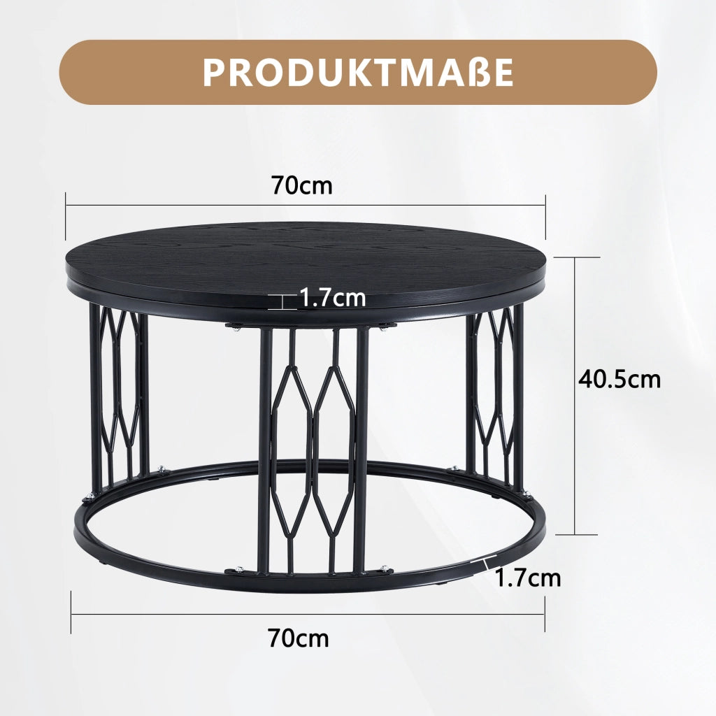 Tavolino basso rotondo in MDF con piano effetto legno e struttura in metallo per soggiorno nero Ø 70 × 40,5 cm