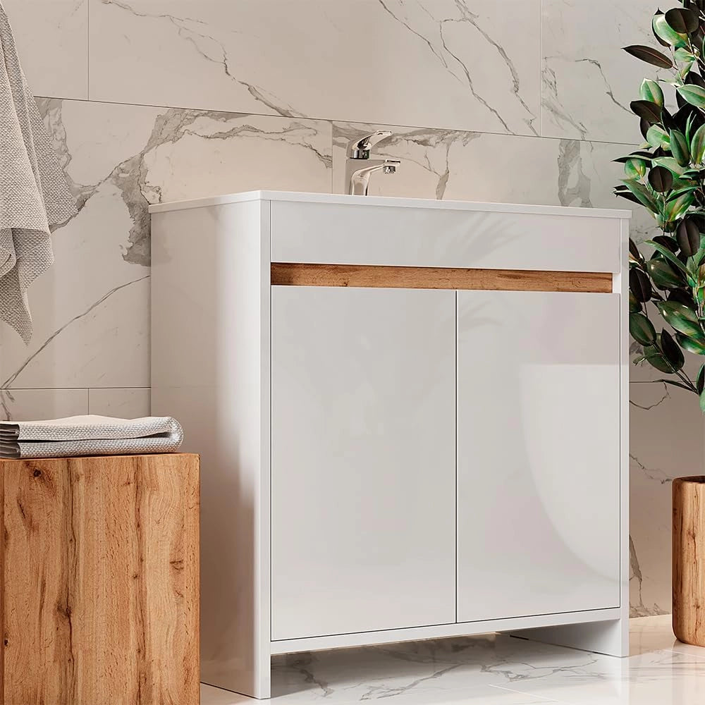 Set di mobili da bagno Lemgo, Bianco lucido, 79.8 cm, composto da mobile sottolavabo e lavabo