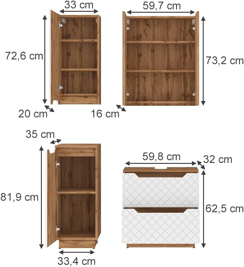 Set di mobili da bagno Lotta, Rovere/bianco con struttura in piastrelle, 4 parti