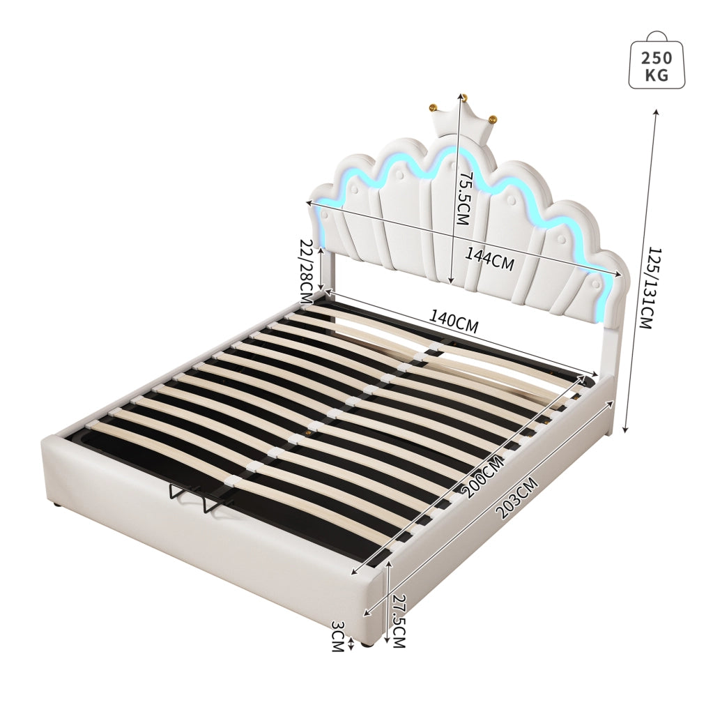 Letto imbottito 140x200 cm con LED e contenitore; PU; bianco