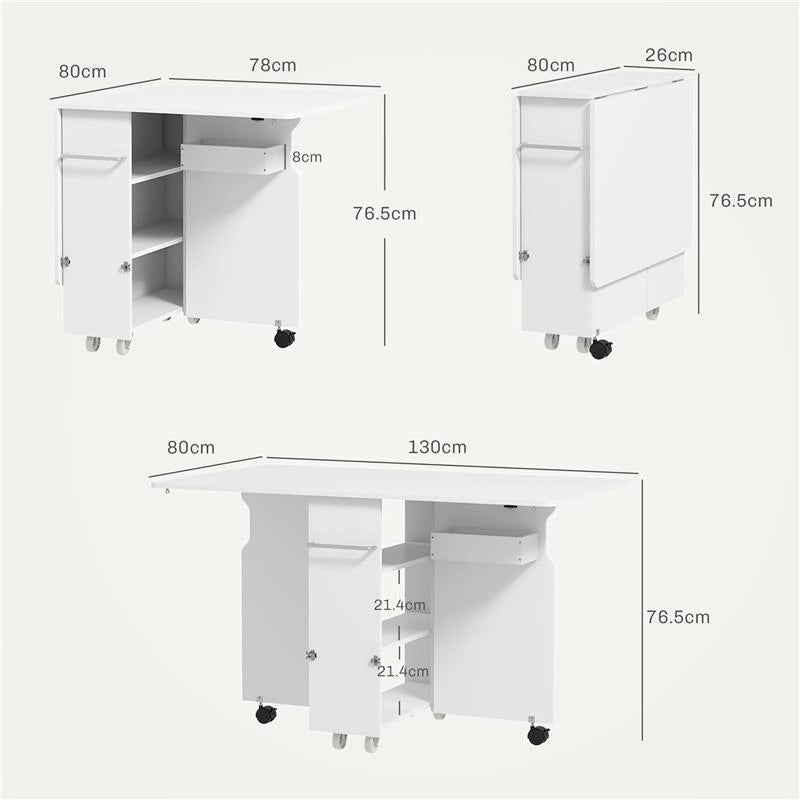 TAVOLO A RIBALTA PIEGHEVOLE CON RIPIANI A 3 LIVELLI, BOX E ROTELLE, IN MDF, 130X80X76.5 CM, BIANCO