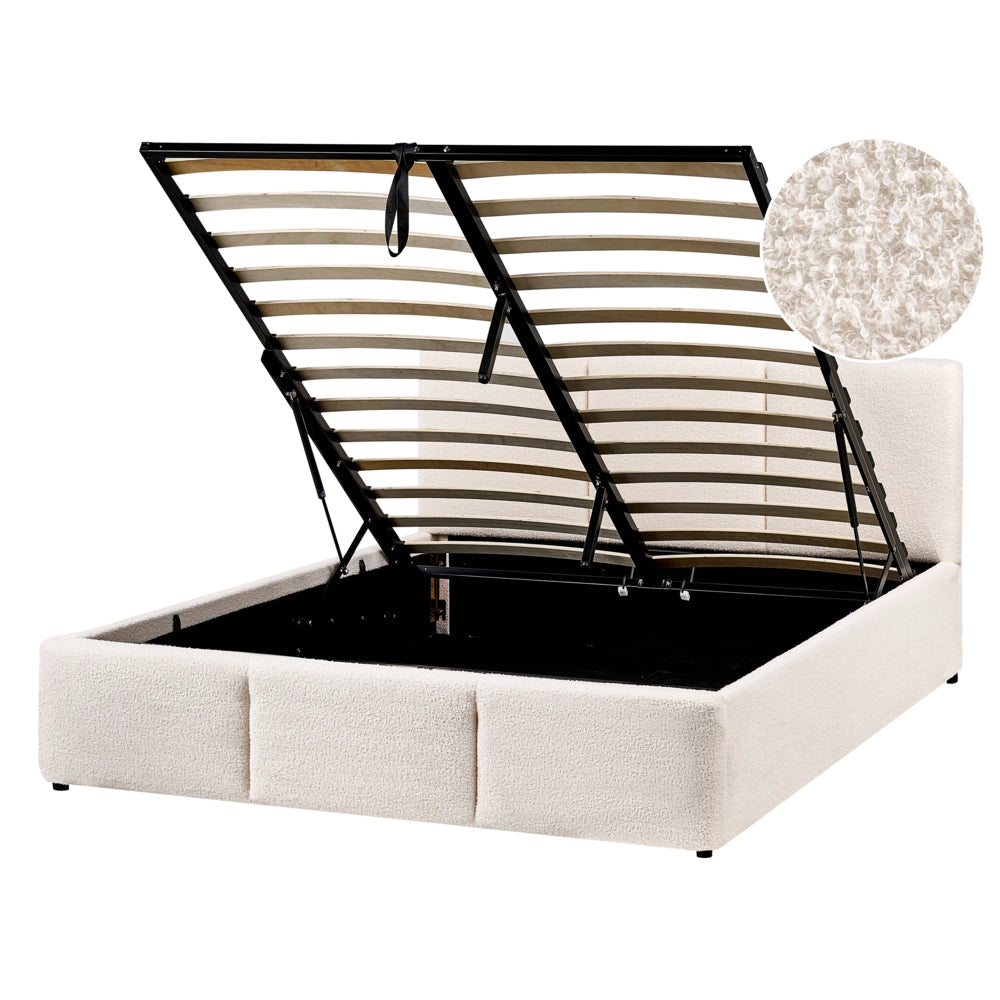 Letto matrimoniale in tessuto bouclè bianco sporco con contenitore 140 x 200 cm Testiera Rivestita Funzione Contenitore