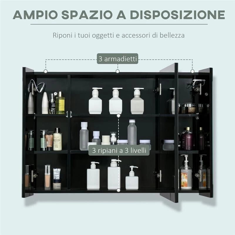 ARMADIETTO CON SPECCHIO A PARETE CON 3 RIPIANI E LUCE LED 90X15X65 CM NERO