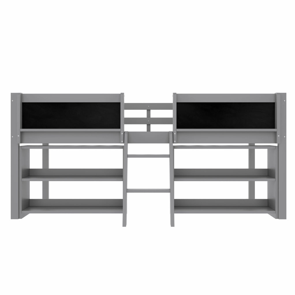 Letto semipiano 90x200 cm con scomparti portaoggetti; sponda di sicurezza e lavagna; in legno di pino e MDF; grigio