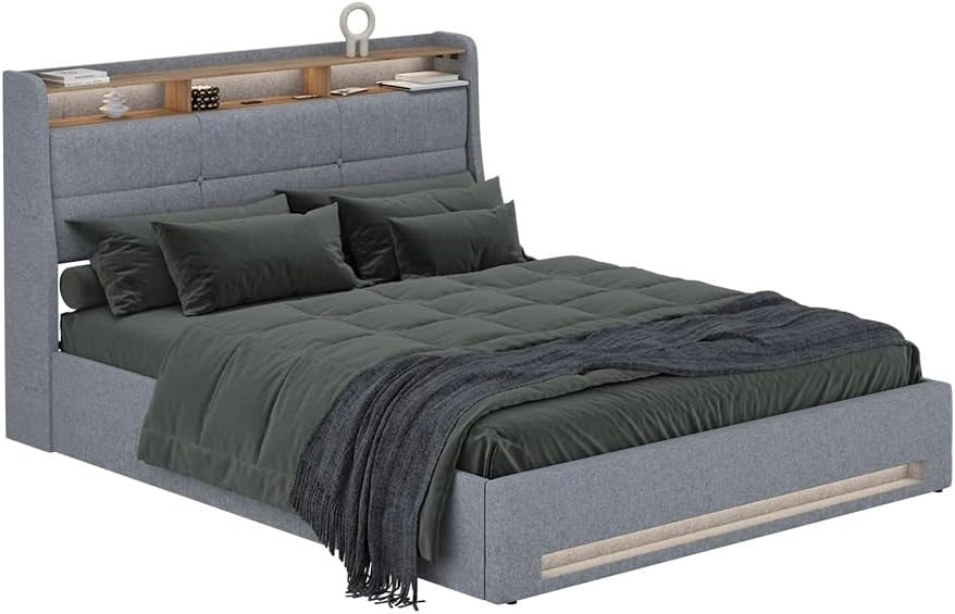 Letto imbottito Christin, Grigio/quercia, 160x200 con LED, porta USB e materasso