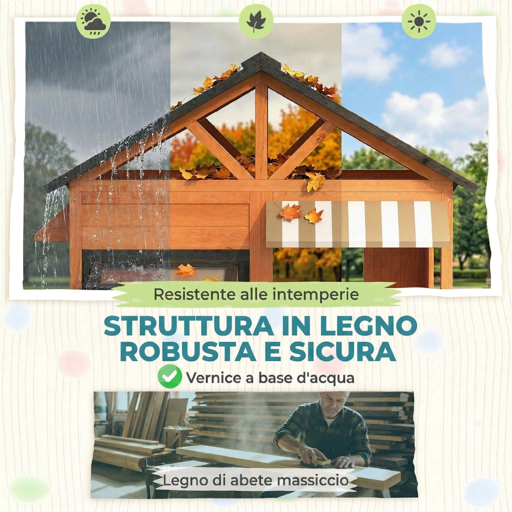 Casetta da Giardino per Bambini in Legno di Abete con Snack Bar. Finestre. Mezza Porta. Panca e Tetto Marrone
