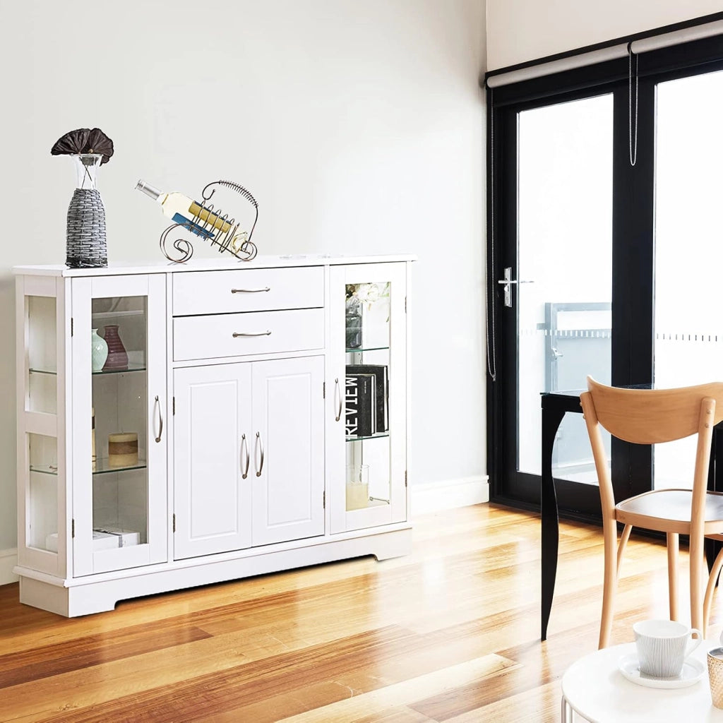 Credenza e Buffet a Ripiani, con 4 Ante e 2 Cassetti, Mensole Regolabili, Armadietto Laterale per Soggiorno, Sala da Pranzo, Cucina, 107 x 30 x 82 cm, Bianco