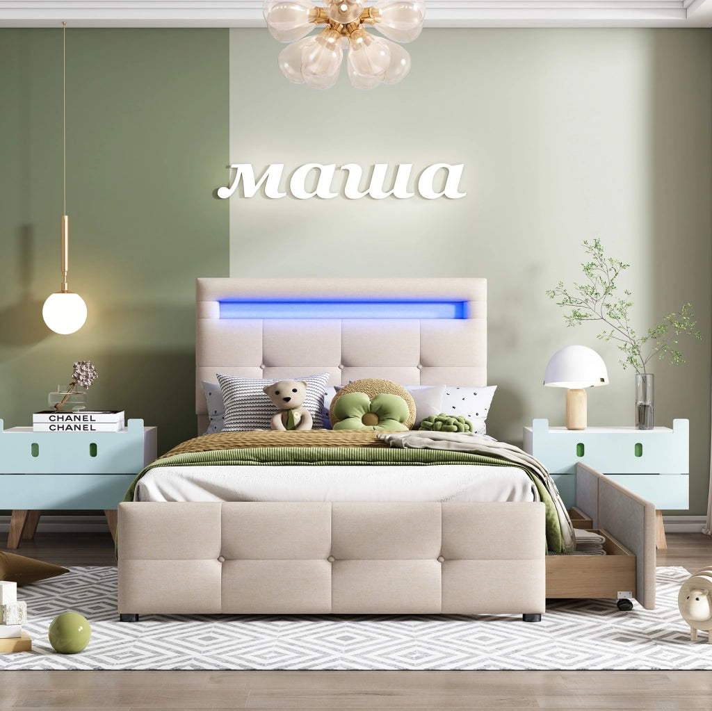 Letto imbottito beige con LED e 2 cassetti