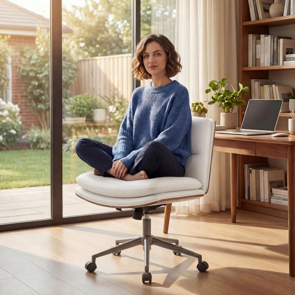 Sedia da Ufficio Girevole, Regolabile in Altezza, Sedia Ergonomica Scrivania con Schienale e Cuscini Imbottiti, Poltrona senza Braccioli con Ruote, per Lavoro, Studio e Relax (Bianco)