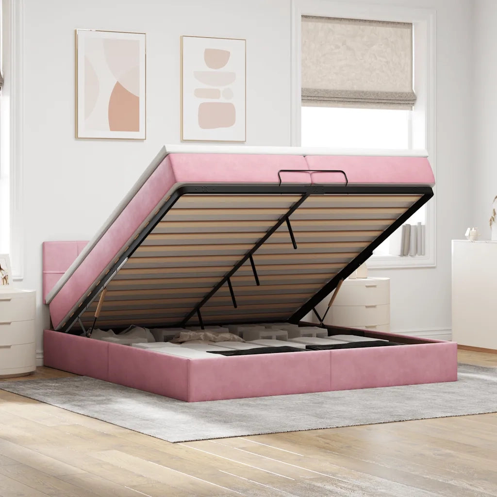 Struttura Letto Pouf con Materassi Rosa 200x200 cm Velluto
